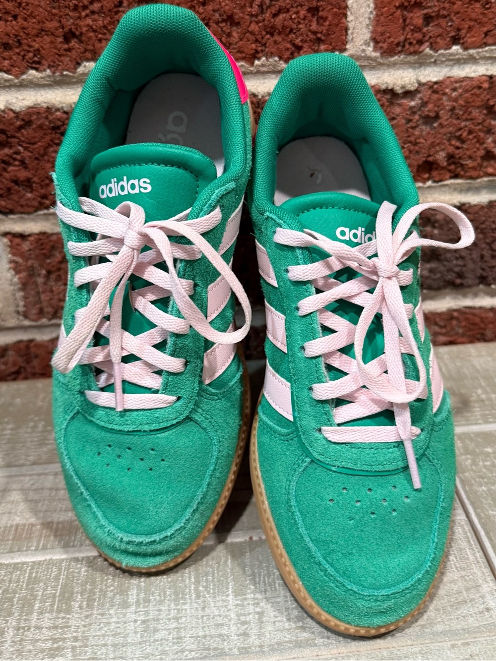 adidas Green Suede Sneakers with Pink Stripes & Laces